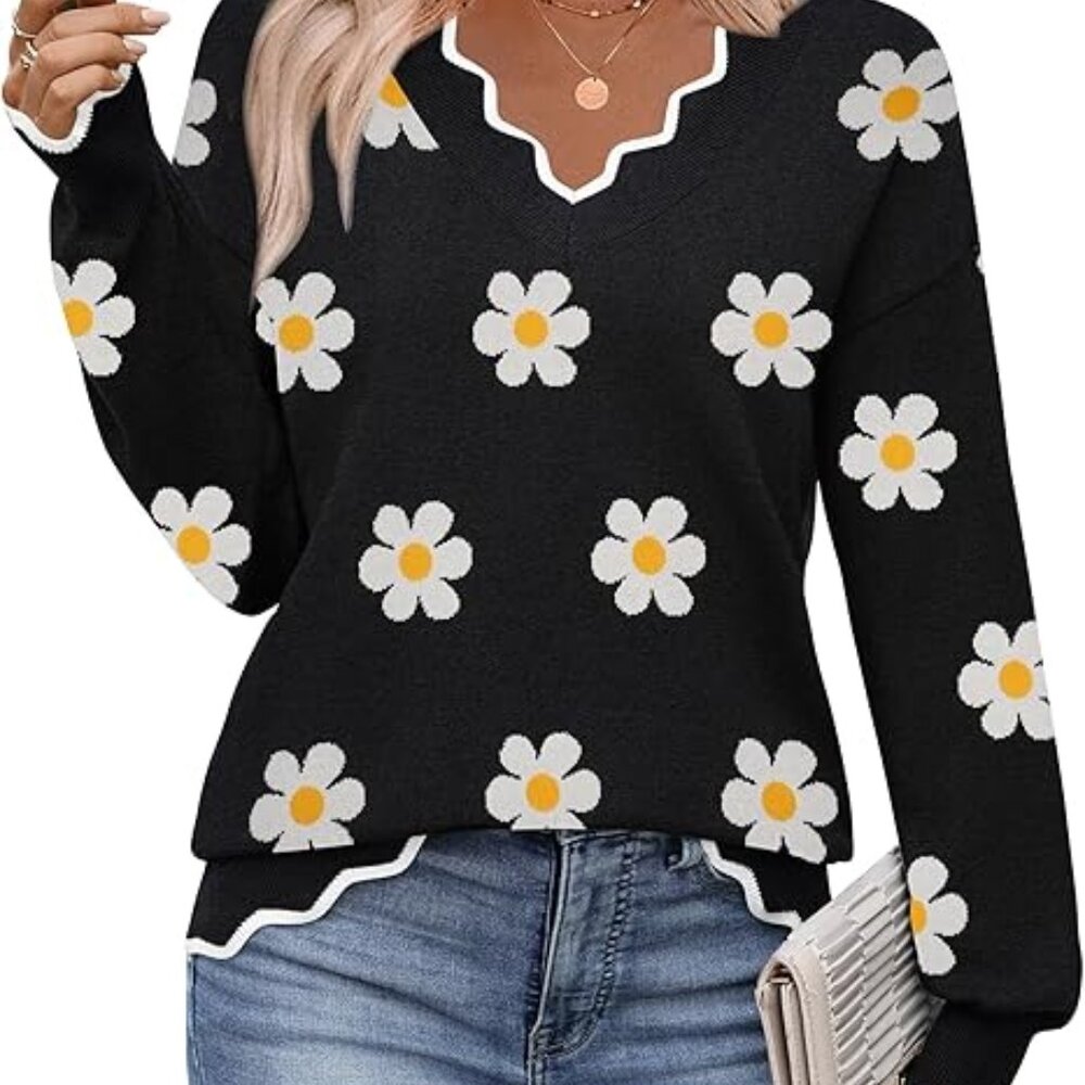 V Neck Sweater with flowers beautiful scalloped trim neckline (Size LG)
